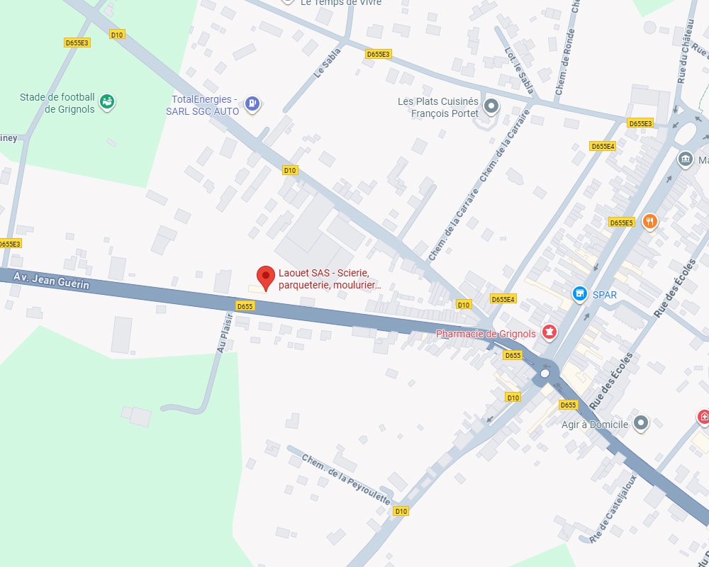 Carte de Grignols montrant Laouet SAS (scierie, parqueterie) sur la D655, près de la Pharmacie et TotalEnergies.