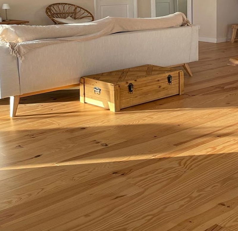 Canapé crème, coffre en bois, et parquet clair en pin sous un soleil chaleureux créant des ombres, dans un salon lumineux et cosy.